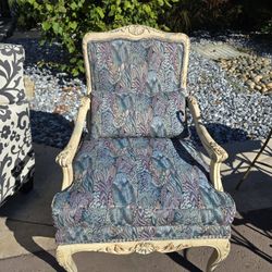 French Louis XV Style Distressed Finish Open Armchair with Accent Pillow