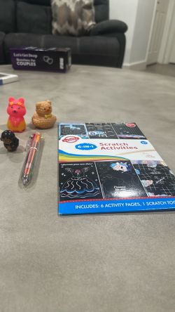 Scratch activity, multi color pen, bear rubber ducky, pink bear toy rubber