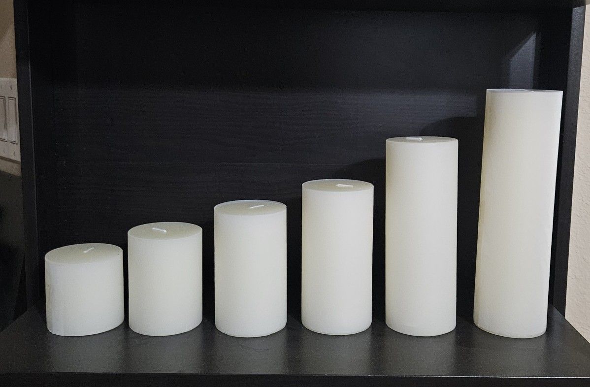 CANDWAX Pillar Candles Set of 36 - Rustic Unscented No Drip Ivory Candles for Home Decor, Weddings, Centerpieces
Sizes..3x3, 3x4, 3x5, 3x6, 3x8, 3x10.