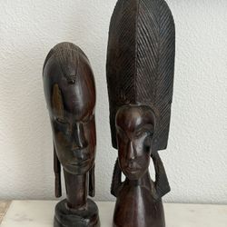 Pair Of Vintage African Hand Carved Mahogany Wood Man & Woman Sculptures 