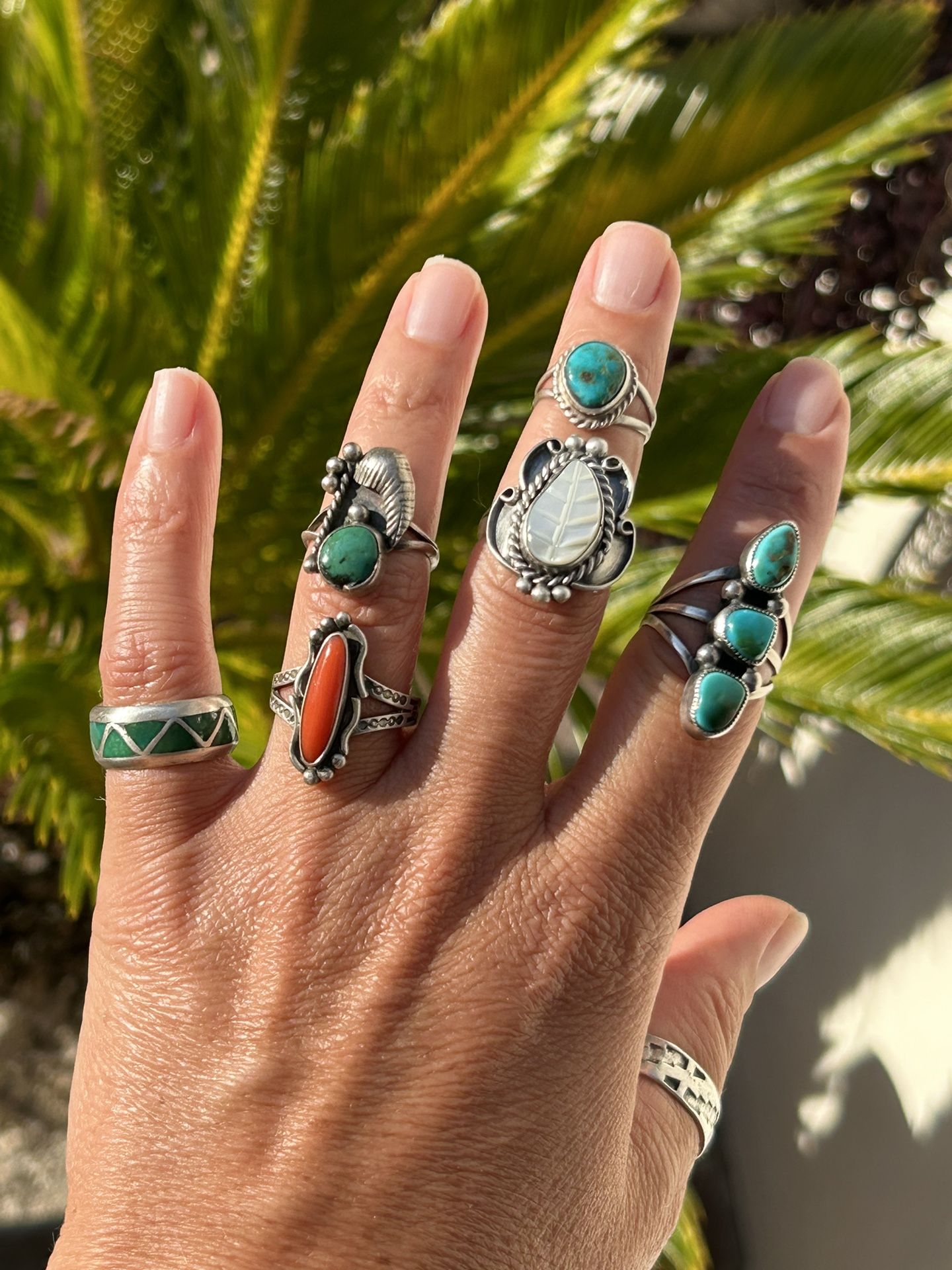 Vintage Turquoise Natural Mother of Pearl Coral Rings Sterling Silver 925 Southwestern Boho Jewelry 