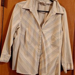 Vintage  Worthington White 1990's Stretch Size 14 Pin Stripe Blouse Shirt Button Down.Top Thumbnail