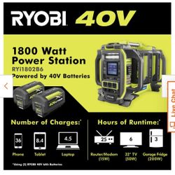 Ryobi 40v 1800 Watt Portable Battery Power Station Inverter Generator And 4 Port Charger