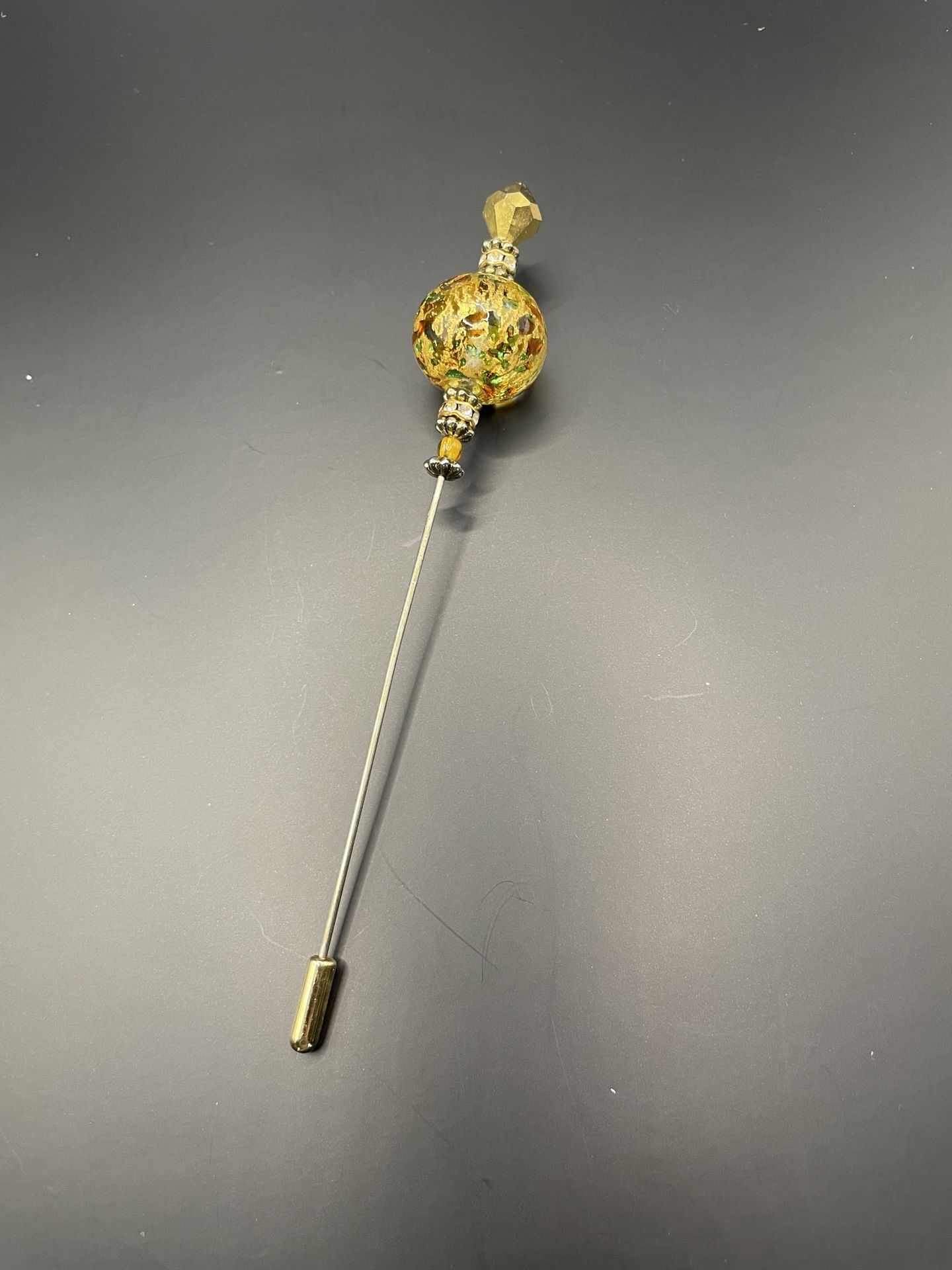 Vintage 5.5 Inch Glass Globe Hat Pin Corsage Pin Brooch Gold Tones