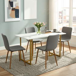 Homy Casa SLIP 5PC Dining Set 55” White Marble Table with Gold Legs and 4 Scargill Dark Grey Chairs  for Dining Room and Kitchen