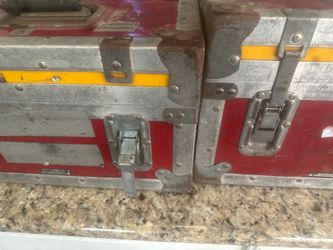 Vintage heavy duty, metal and wood storage boxes, battery cases audio