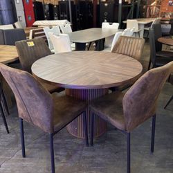 New No Assembled Requiere!! 42" Wood Dining Room Table Set for 4 with Cylindrical Pedestal, Mid Century Modern Dining Set with Chairs