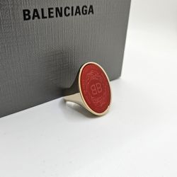 Balenciaga Gold Red Oval Chevaliere Ring US 9 EU 60 mm Crest Seal Stamp BB ITALY