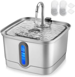 Stainless Steel Cat Water Fountain, 101oz/3L Automatic Pet Water Fountain, Dog Water Fountain with Replacement Filters for Cats, Small Dogs (2 Filters