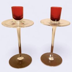 Hand Blown Candlesticks Red Glass Art, Ruby Red, Art Deco, Christmas