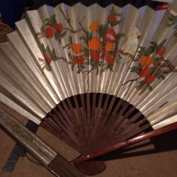 Extra Large Vintage Chinese Hand Painted Paper Fan 64-in