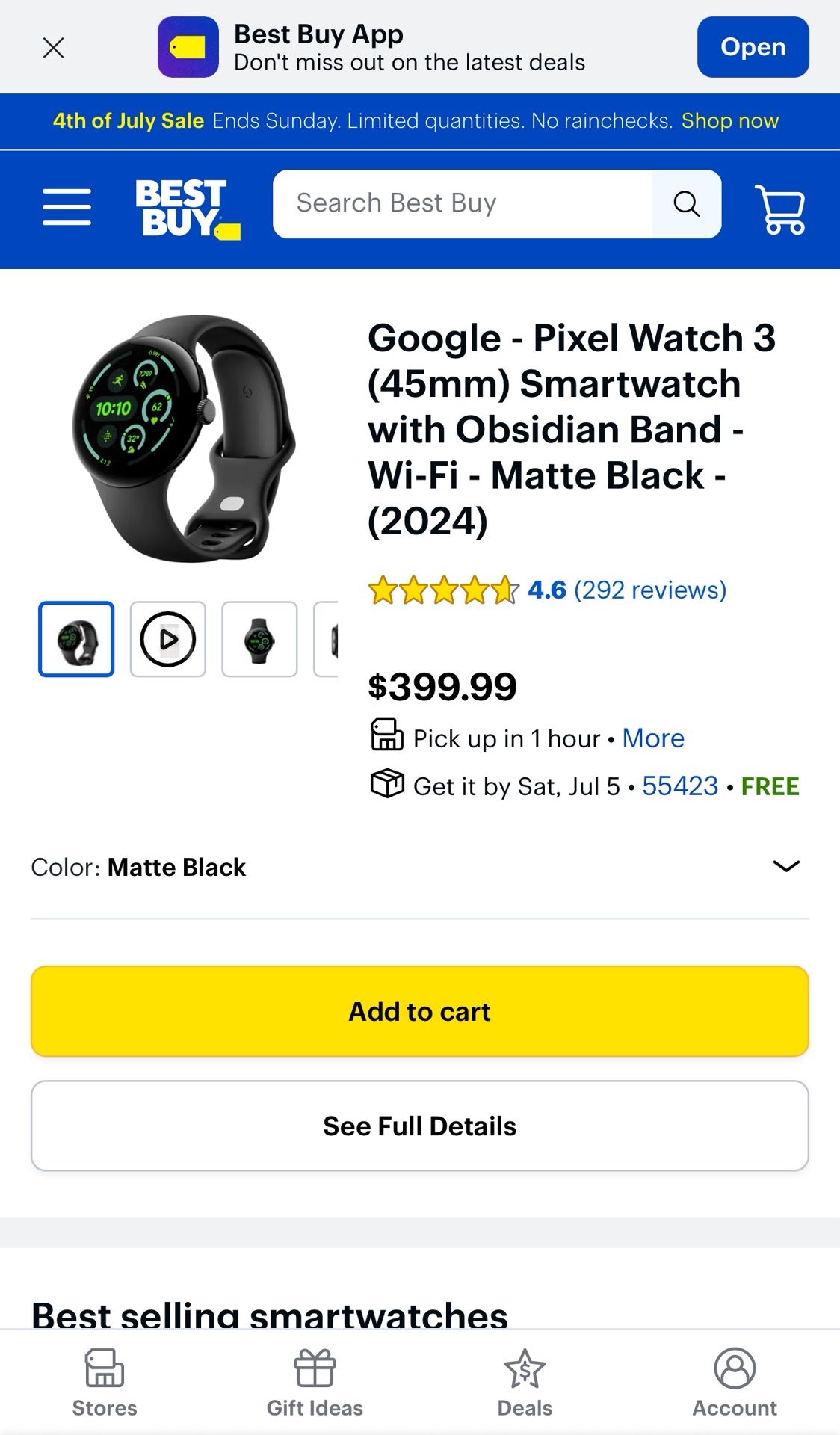 Google - Pixel Watch 3 (45mm) Smartwatch with Obsidian Band - Wi-Fi - Matte Black - (2024)