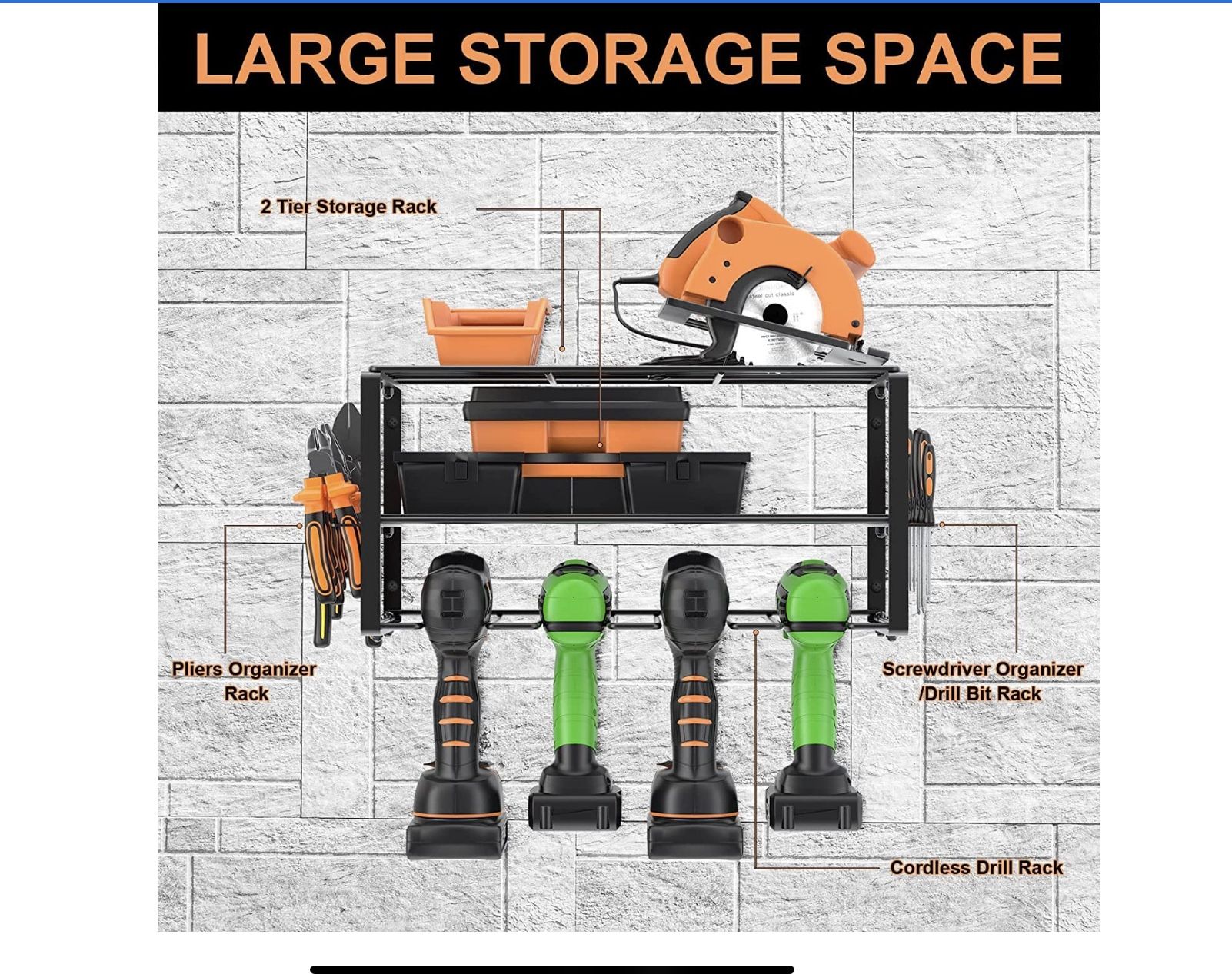 Metal Wall Mounted Power Tool Organizer and Storage Rack, Garage Cordless Tool Shelf Storage