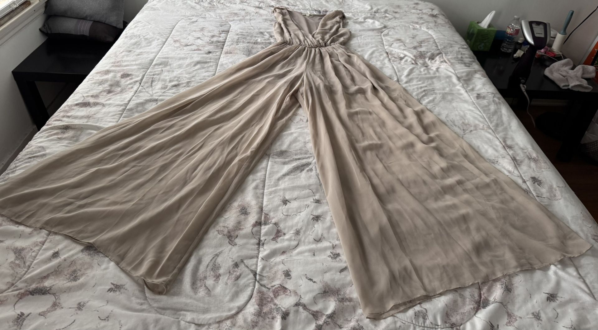 Alythea Cream Tan Wide Leg Sheer Pleated Jumpsuit, size S