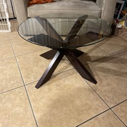 Pier One Coffee Table, Glass Top 30” Dia, Acacia Wood Base, Like New
