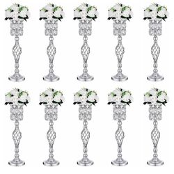 Set of 10 Crystal Diamond Metal Vases for Wedding Tables, 24 Inches, Versatile Tall Flower Stands, Flower Holders for Weddings, Parties, Receptions, H