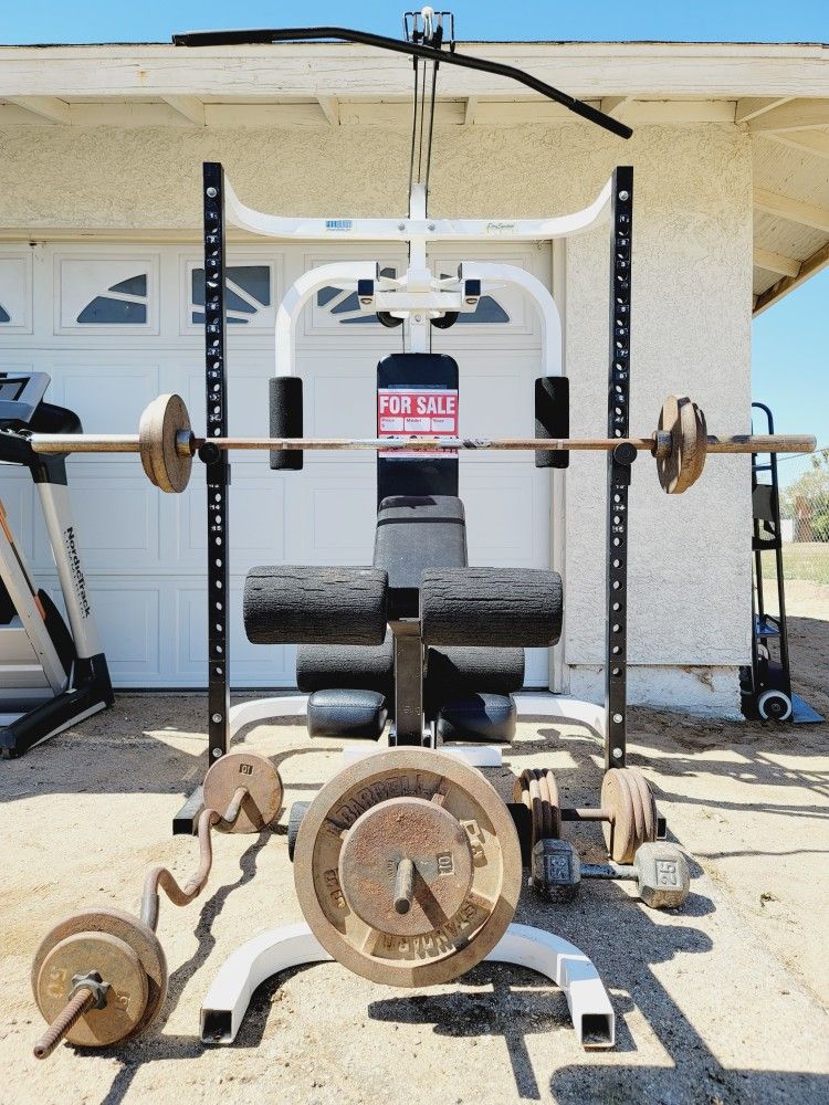Home Gym With Adjustable Bench, Squat Rack, Olympic Bar, Over 100 Lbs Of Weights, Dumbbells, Curl Bar With Weights