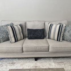 Neutral Beige Nailhead Sofa with Accent Pillows – Great Condition