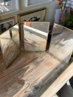 Vintage rare brass gold Tri-Fold Vanity Mirror Gold Frame