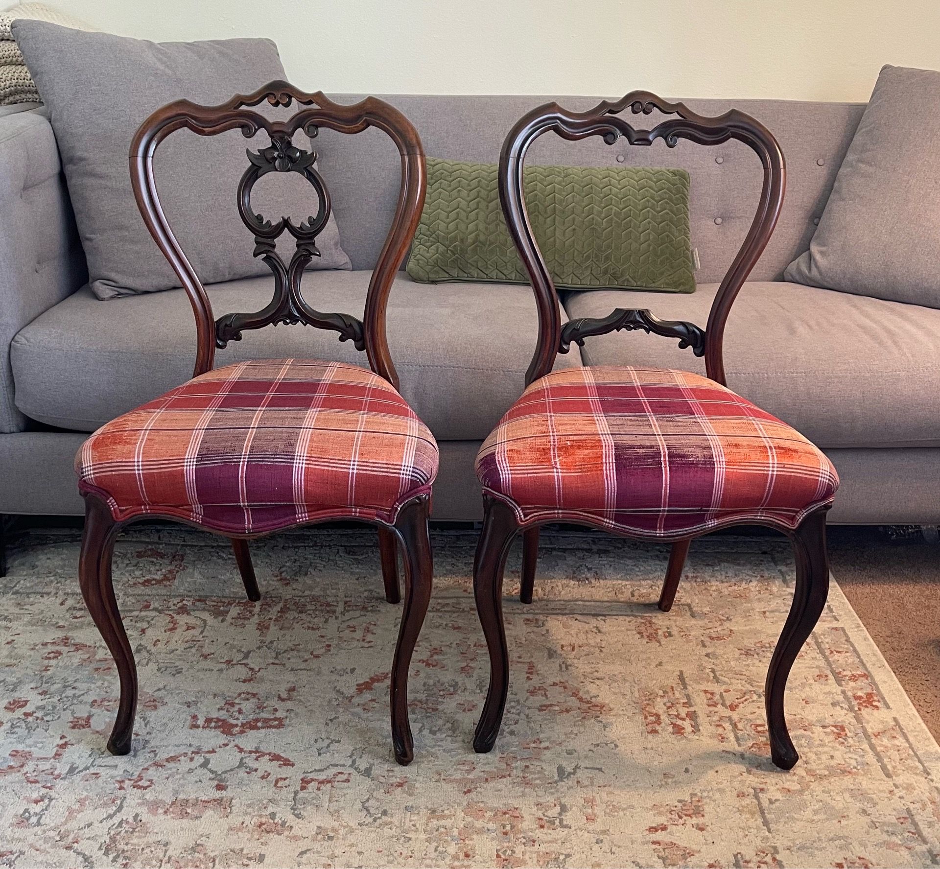 RARE Set of 2 Antique Victorian Carved Back Dining Chairs, Walnut, 19th Century