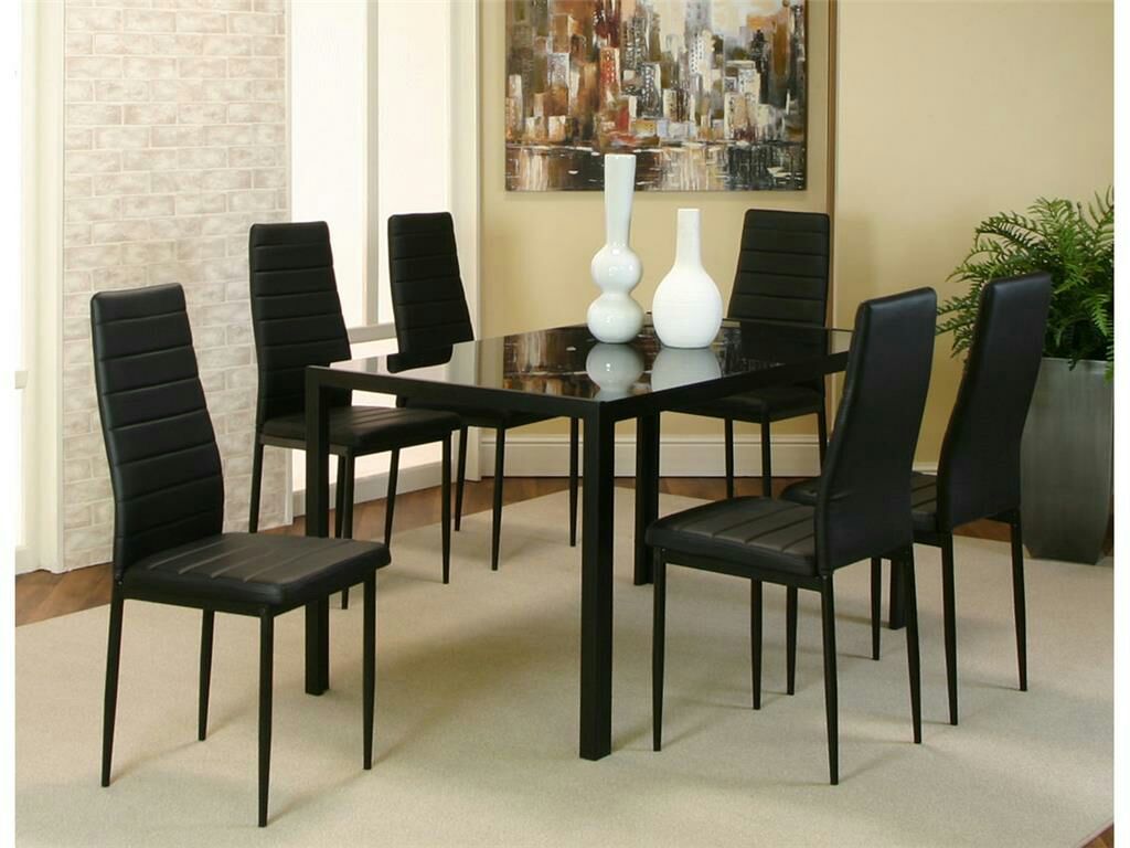 table and 6 chairs faux leather with black metal black glass brand new set in boxes