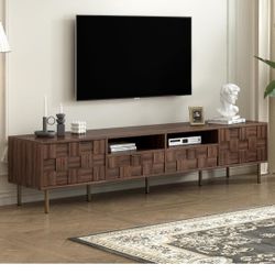 80 Inch TV Stand for Living Room, Modern Entertainment Center with Drawers, Cabinet and Shelves, Wood Console Table with Geometric Pattern for TVs