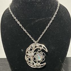Boho Style Inlaid Moonstone Flower Texture Hollow Moon Pendant Necklace