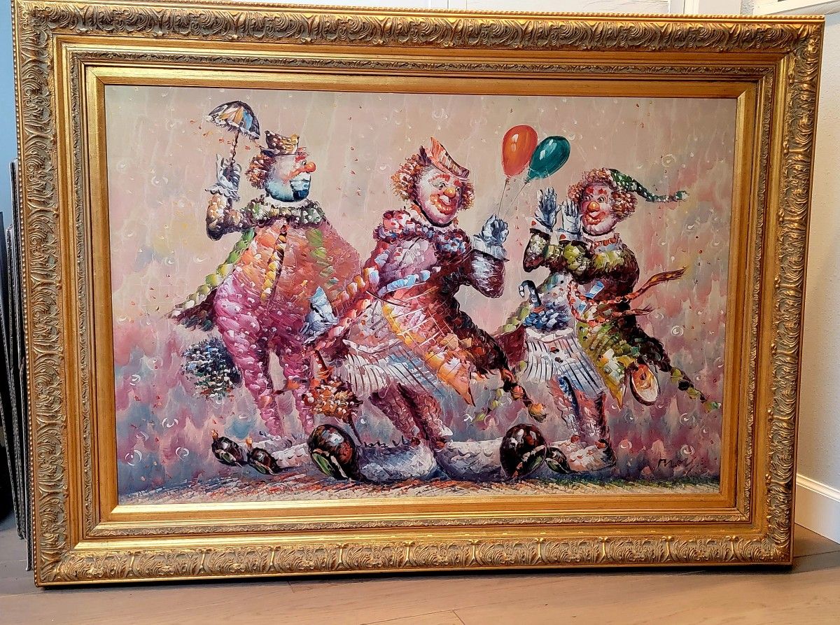 Clowns oil painting by Moyen Schilderij in a gorgeous frame