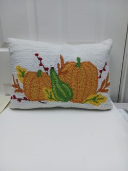 Cozy Fall Pumpkin Harvest Hooked Throw Pillow 14x20 Autumn Cottagecore Decor