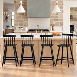 24''H Farmhouse Windsor Wooden Counter Stools, Black (Set of 4)