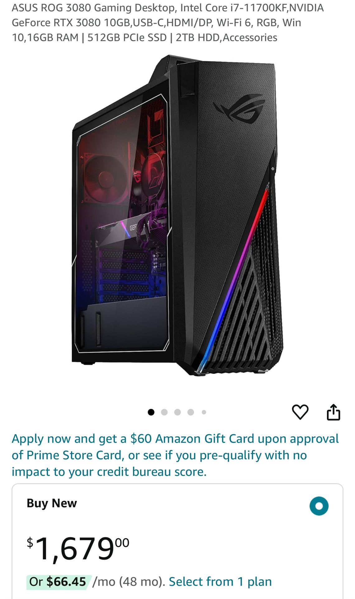 ASUS ROG 3080 Gaming Desktop, Intel Core i7-11700KF,NVIDIA GeForce RTX 3080 10GB,USB-C,HDMI/DP, Wi-Fi 6, RGB, Win 10,32GB RAM | 512GB PCIe SSD