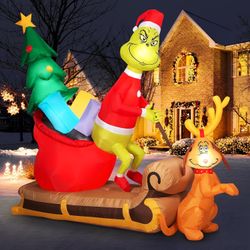 6.5FT Christmas Inflatable Outdoor Decoration Green Monster Dog Max Sleigh Whoville Grinch 6 LED Lights Blow Up Yard