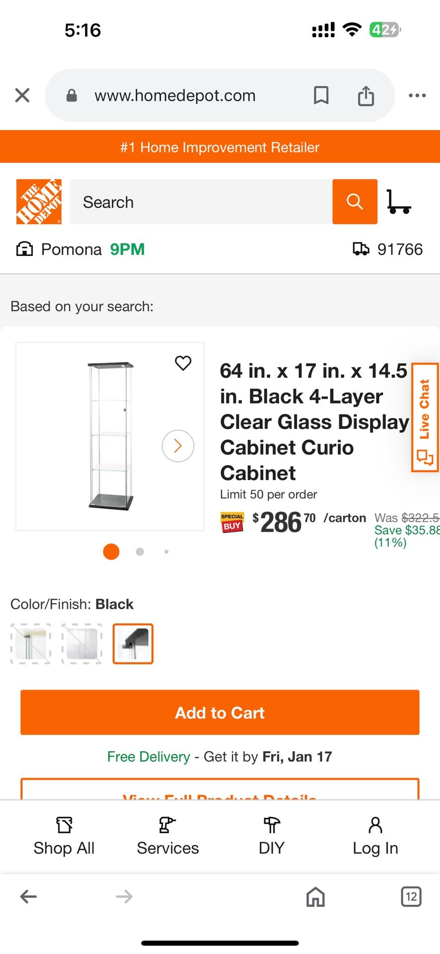 Black Clear Glass Display Cabinet