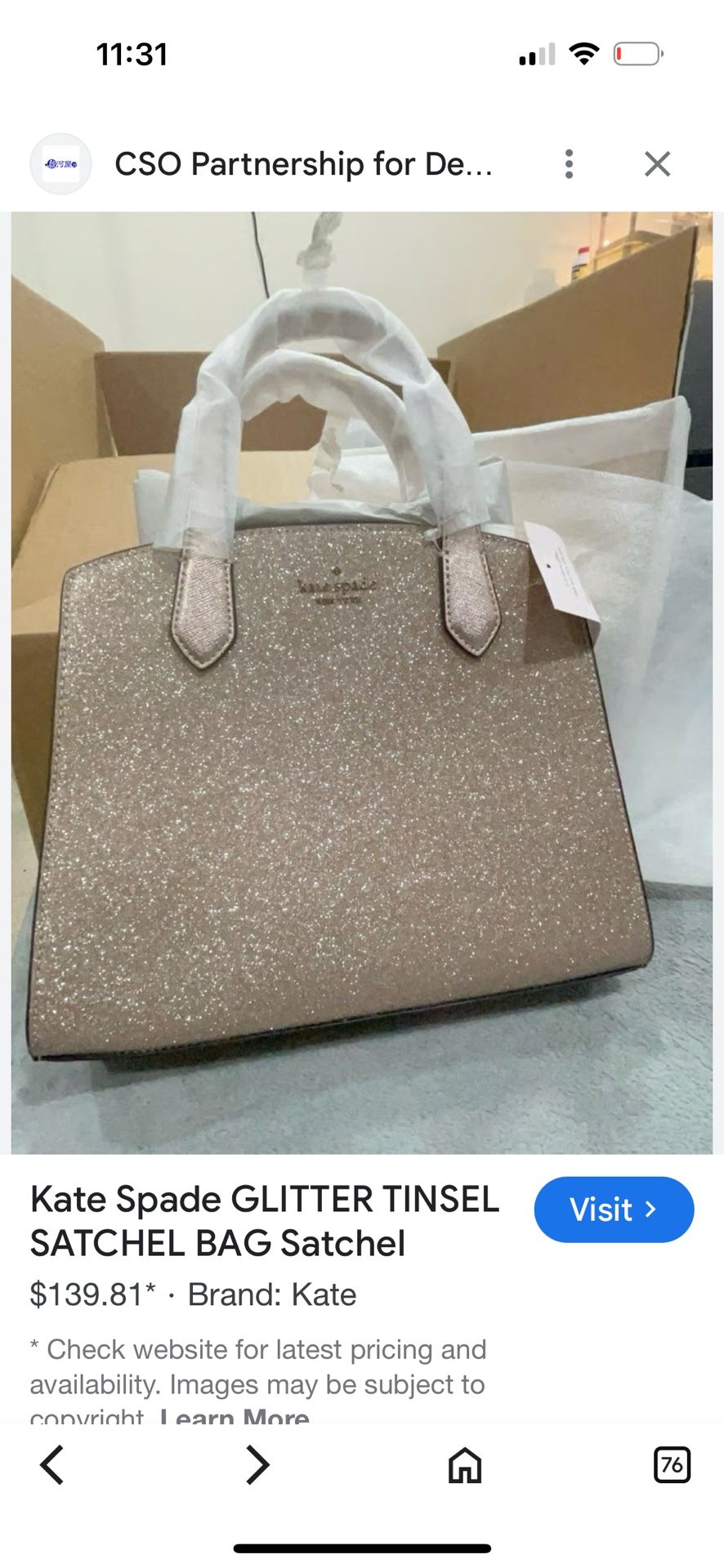Kate Spade New York Tinsel Satchel, likely in Rose Gold glitter.