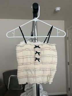Cream Smocked Crop Top with Black Bows padded bra Size CS
