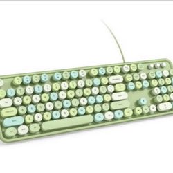 Brandnew Wired Computer Keyboard - Green Colorful Retro Full Size Round Keycaps Plug and Play Typewriter Cute Keyboards for Windows, Laptop, PC, Deskt