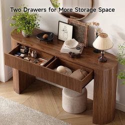 55 Inch Console Table with 2 Drawers, Fluted Entryway Tables with Storage, Sofa Table Behind The Couch, Hallwa  Tables, Mid-Century Modern 