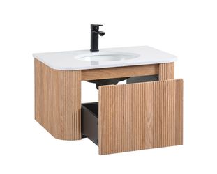 Arcora 30 Inch Wall Mounted Bathroom Vanity with Sink Curved Design, Wave Texture Wood Finish, Integrated Cultured Marble, Pre-Assembled, Modern Float