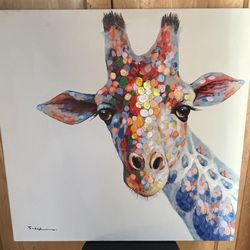 Handpainted Oil on Canvas Colorful Portrait of a Giraffe 28"x28"p