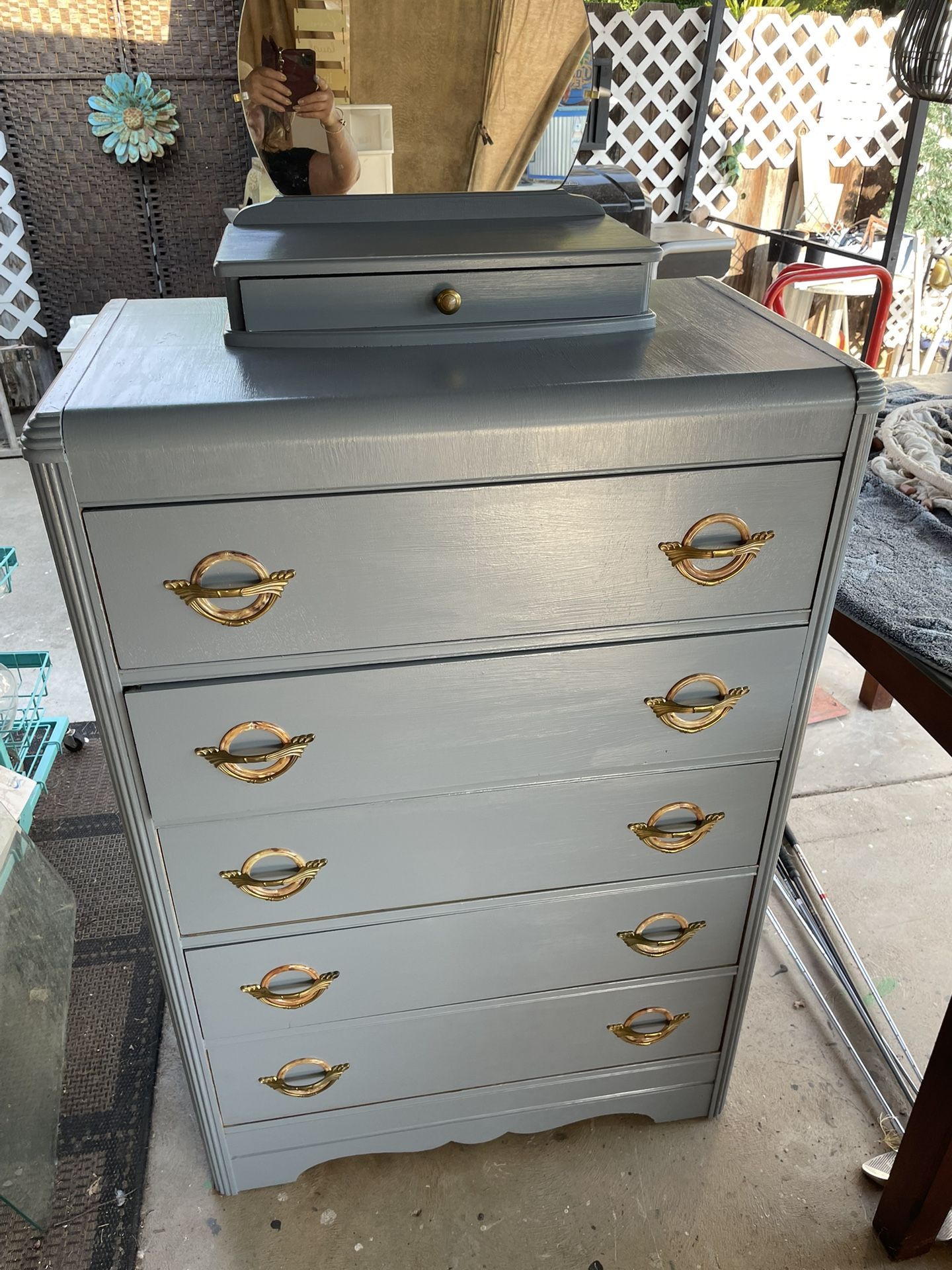 Vintage Tall dresser 5 full size drawer + small drawer - total of six drawers with mirror 68 inches tall / 34 inches wide/. 19 inches deep - solid woo