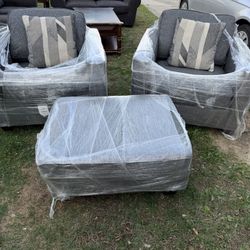 New 2 pc lounge chairs w/ ottoman and throw pillows. $500. Will deliver for a fee