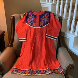 Scarlet colored Kurta with blue gold and pink embroidery