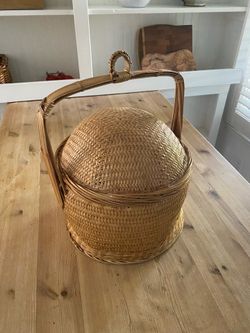 Vintage Chinese Woven Rattan & Bamboo Domed Wedding Basket