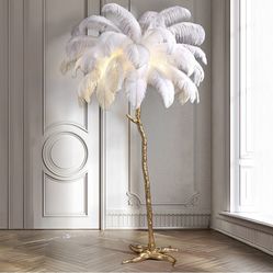White Ostrich Feather Floor Lamp, Luxury Resin Ostrich Feather Lamp,Romantic Standing Lamp for Living Room Sofa Bedside Bedroom and Office(New)