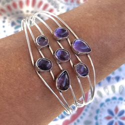 Natural Amethyst Silver 8” Wrist Cuff Bracelet
