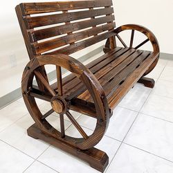 $110 (New in Box) Large 50” wooden wagon bench rustic wheel for patio garden outdoor 50x23x34” 