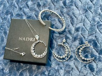 NEW Set​ of 4  Nadri Cubic Zirconia Half Moon Crescent​ 32" Long Pendant Necklace, Large Earrings​ & Bracelet Cuff