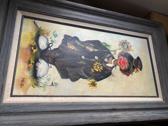 Framed Oil Painting Clown with Flowers by 