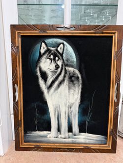 Wolf on Velvet Painting in Carved Wood Frame