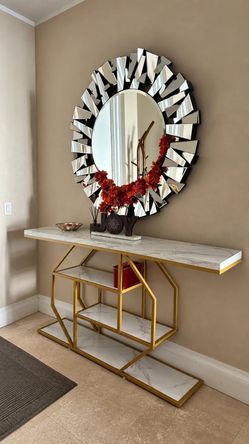 Gold & White Faux Marble Console Table – Like New